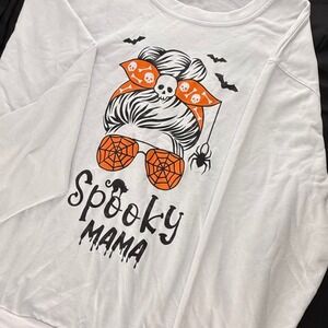 Spooky Mama Skull Messy‎ Bun Halloween Sweatshirt Pullover Women's XL